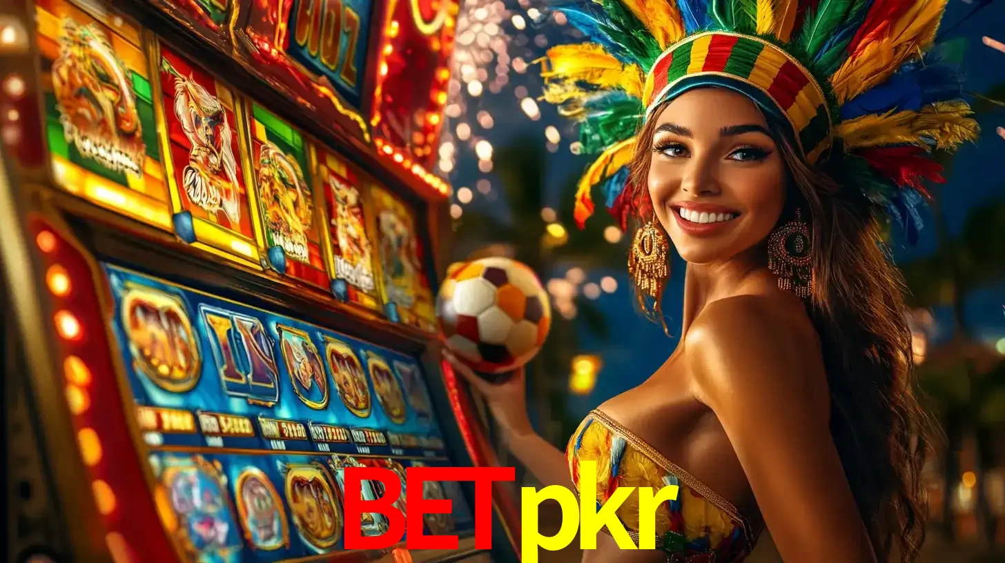 Mulher com um cocar de carnaval ao lado de uma máquina de caça-níqueis enquanto segura uma bola de futebol, mostrando a união da diversão de cassino e esportes no betpkr.